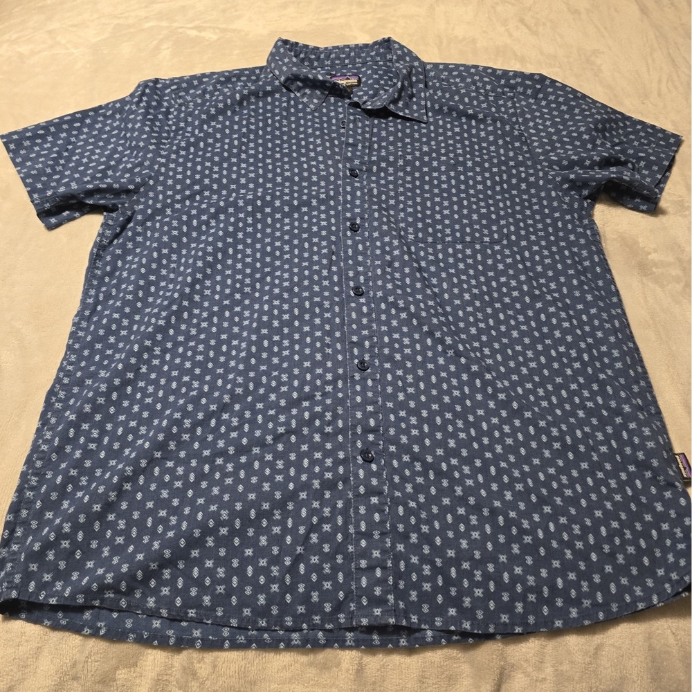 Pagagonia Shirt Men's Short Sleeve Organic Cotton Abstract Navy Blue | Large